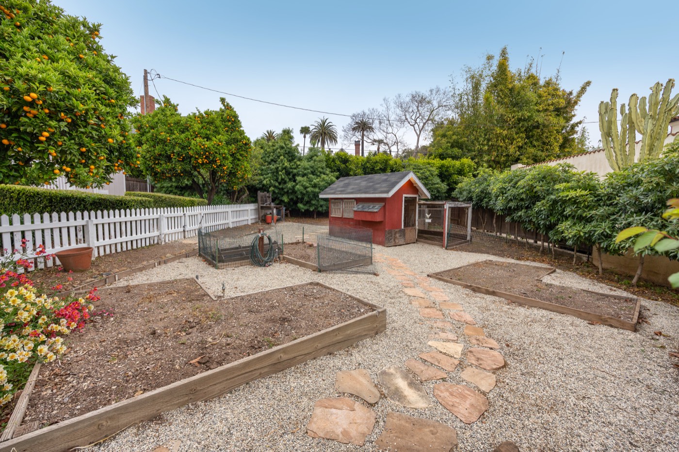 Chicken coop and raised vegetable beds